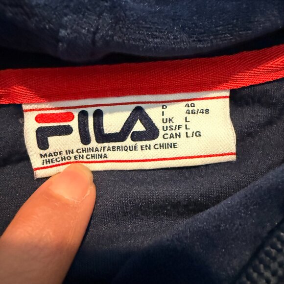 FILA Velour Track Suit Set Navy Blue Logo Tape Hoodie Joggers L/M - Picture 16 of 16